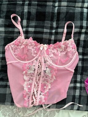 Pink Floral Lace Bustier with Sheer Embroidery